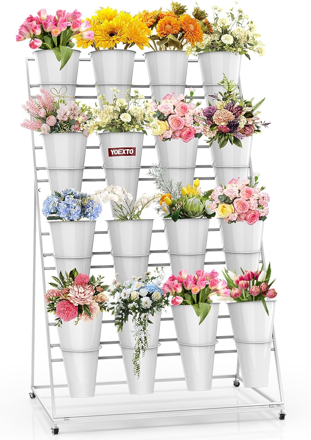 Flower Display Stand with Buckets, 4 Layers 16 PCS Buckets Plant Stand with Wheels, Movable Metal
