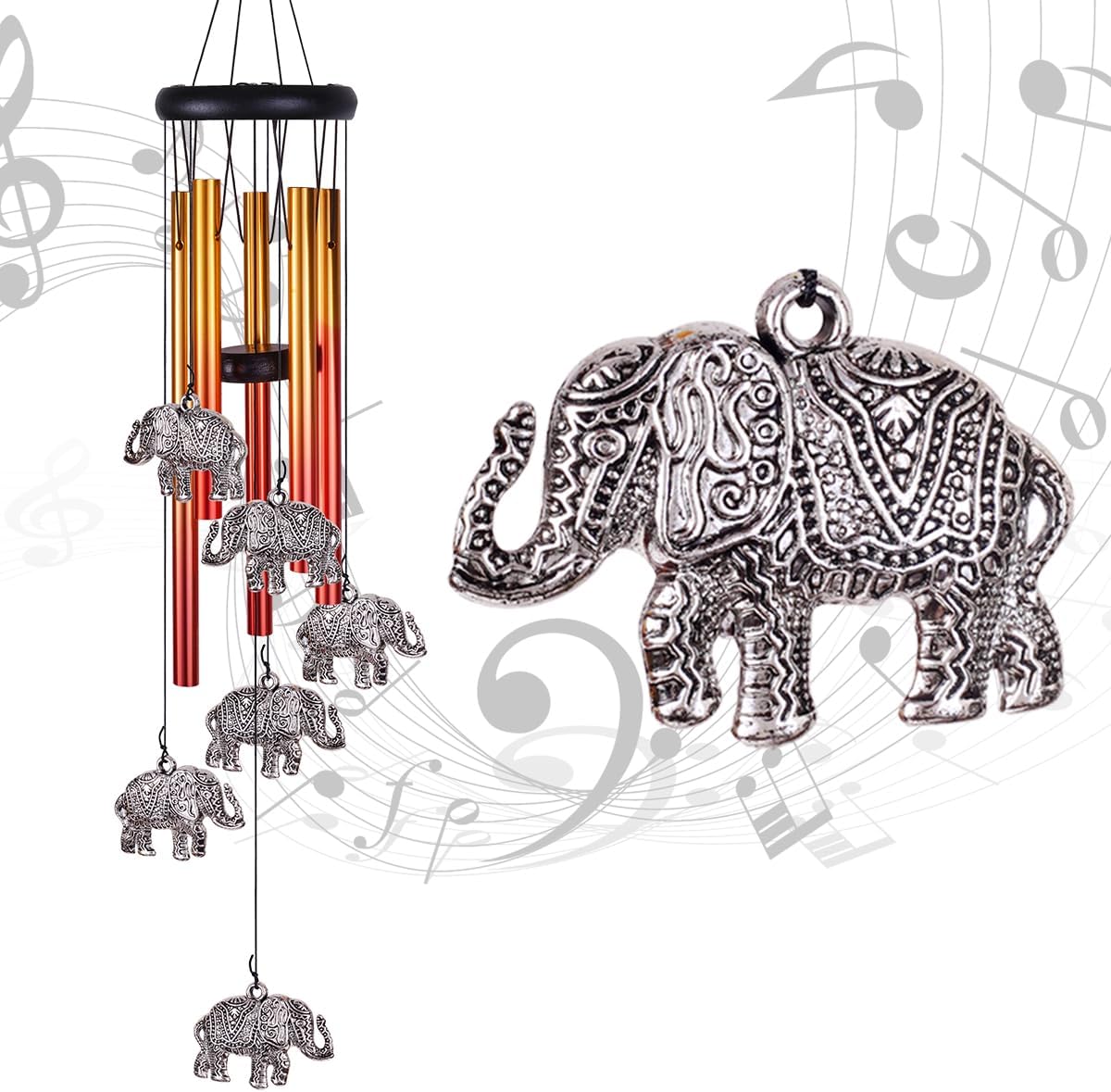 Elephant Wind Chimes Outdoor/Indoor Decor - Pure Hand-Made Mobile Romantic Wind Catcher, 28"