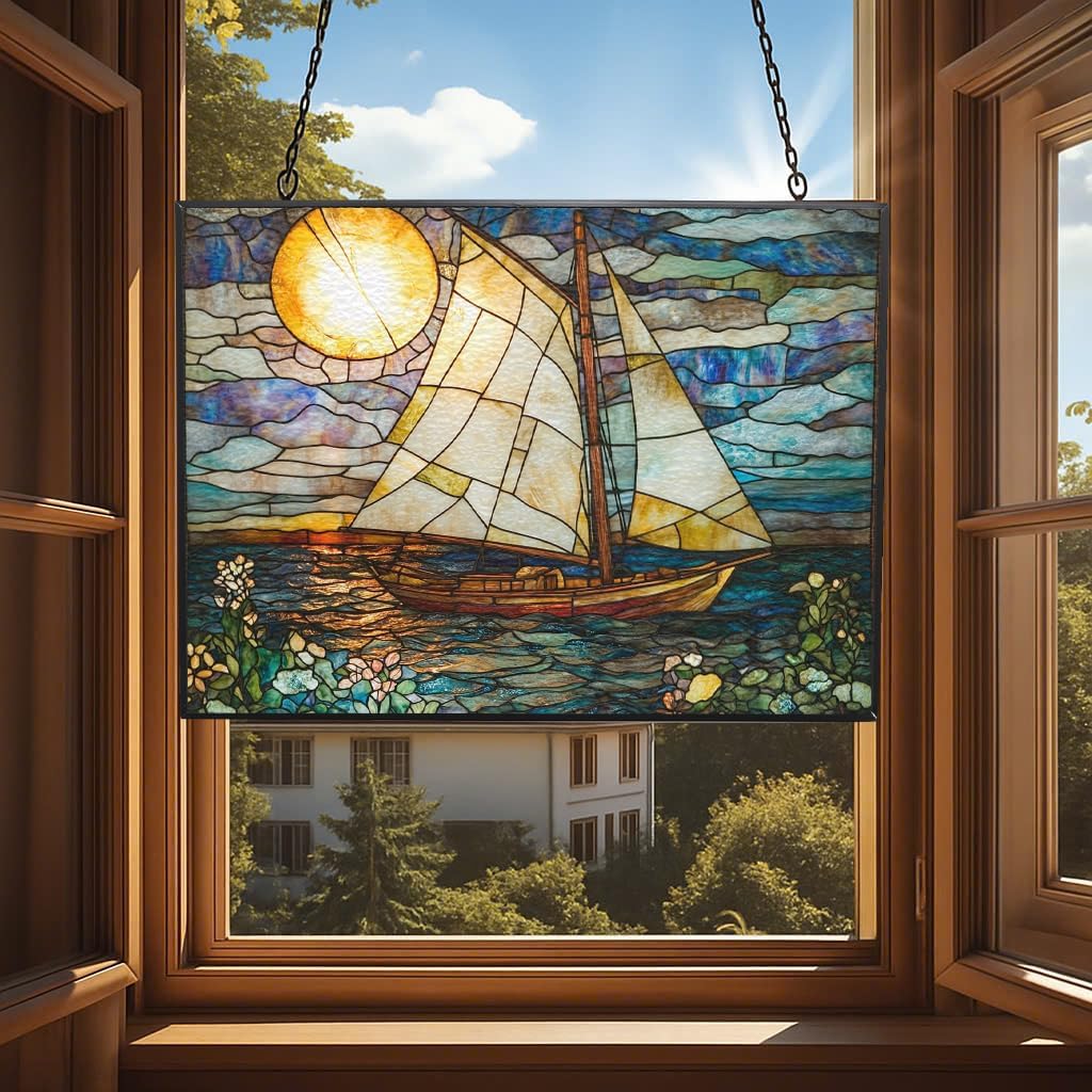 Personalized Rectangle Art Nouveau Painted Sailboat Stained Glass Window Hanging Suncatcher