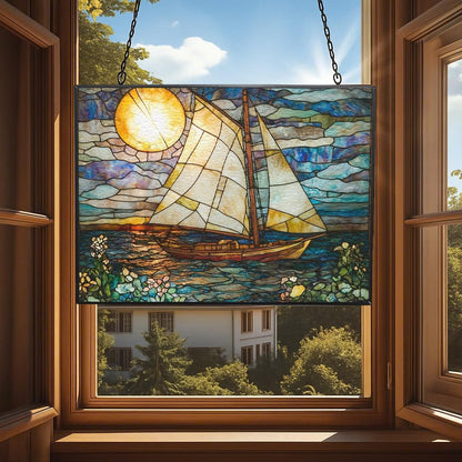 Personalized Rectangle Art Nouveau Painted Sailboat Stained Glass Window Hanging Suncatcher