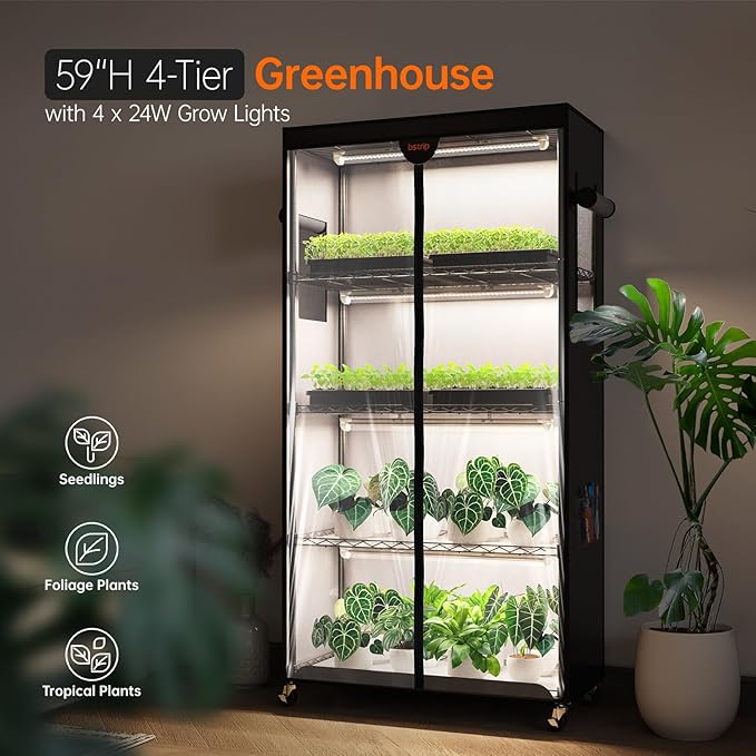Bstrip Indoor Greenhouse with Grow Light, Plant Stand with 4 Pack 24W Full Spectrum Plant Lights