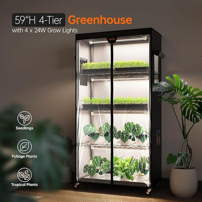 Bstrip Indoor Greenhouse with Grow Light, Plant Stand with 4 Pack 24W Full Spectrum Plant Lights