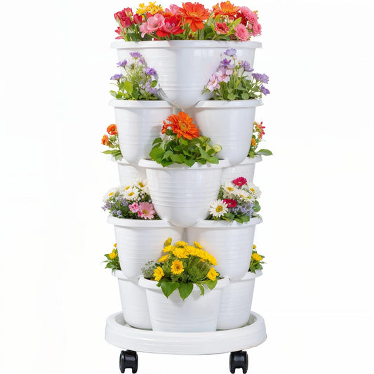 VECELO 5 Tier Vertical Garden Planter, Self Watering Stackable Planters with Wheels for