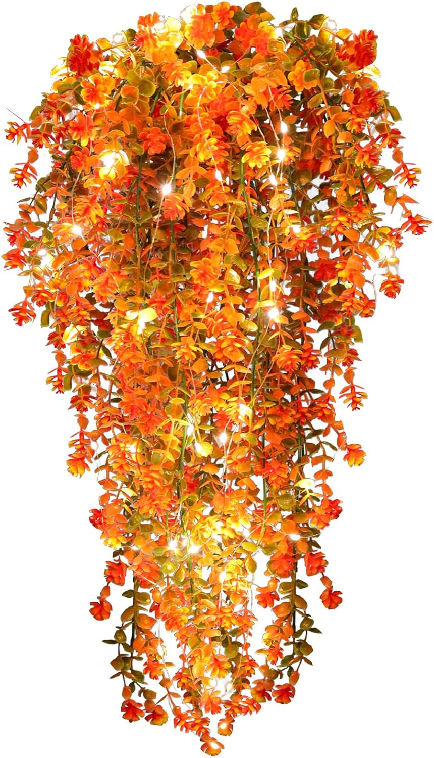Fall Artificial Flowers - Faux Hanging Plants with Lights for Thanksgiving Indoor/Outdoor Wedding &