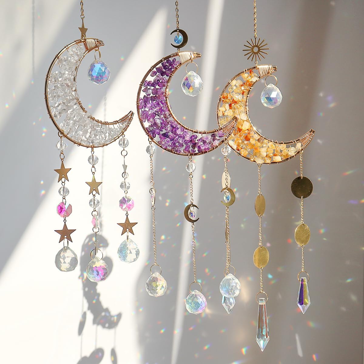 Moon Suncatcher Hanging Decor, Boho Chic Citrine Crystal Sun Catcher, Spritual Sun Light Catcher