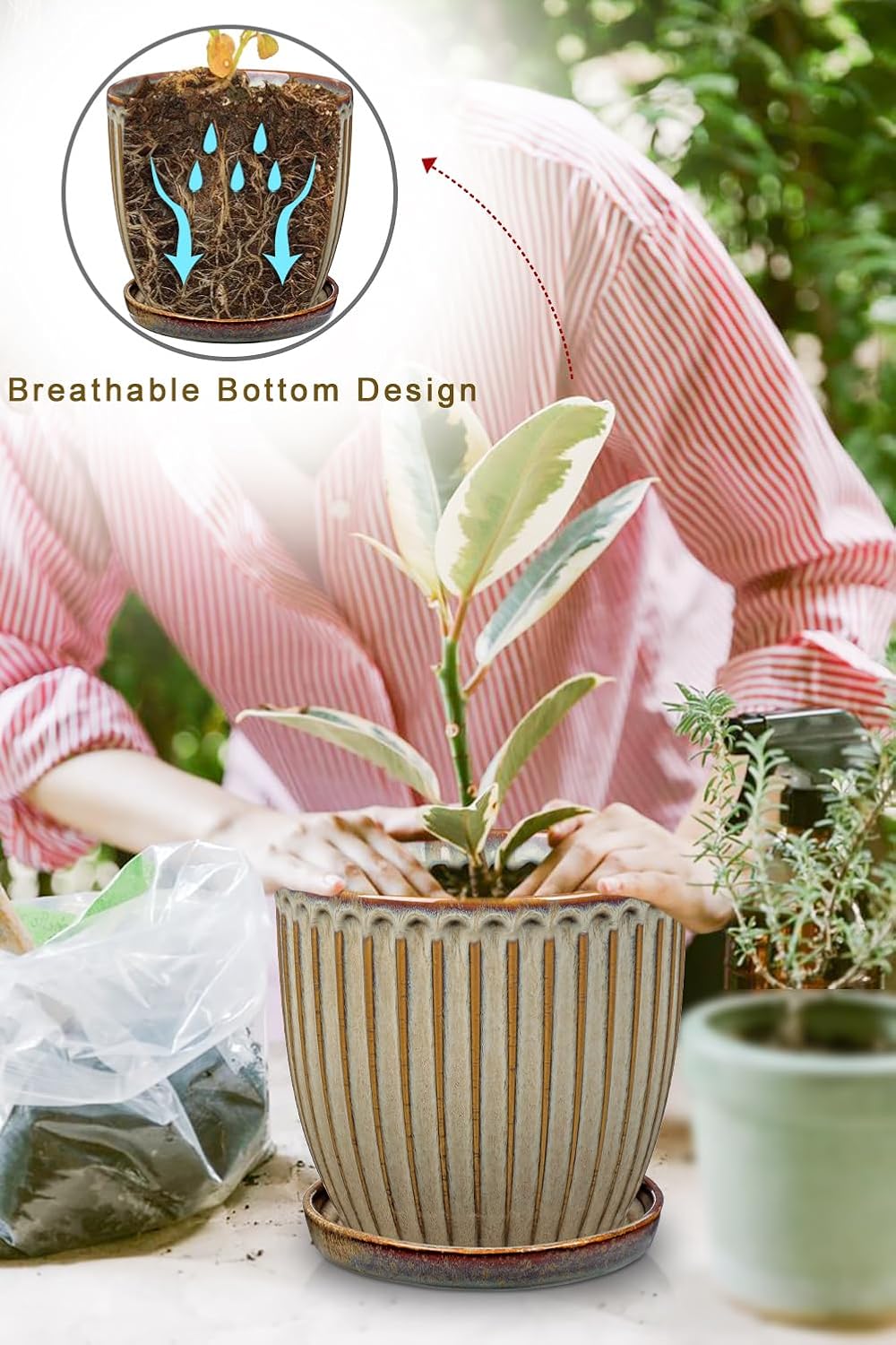 Oairse Ceramic Pots for Indoor Plants, 7.8 inch Pots for Plants Brown Planters with Drainage Holes