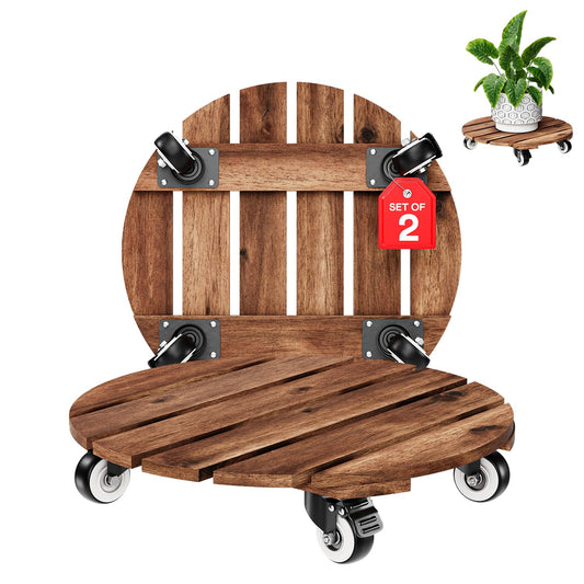 IDZO 2pack Wood Plant Caddy With Wheels Heavy Duty Red Brown, 264 Lbs Capacity, 12 Inch Acacia