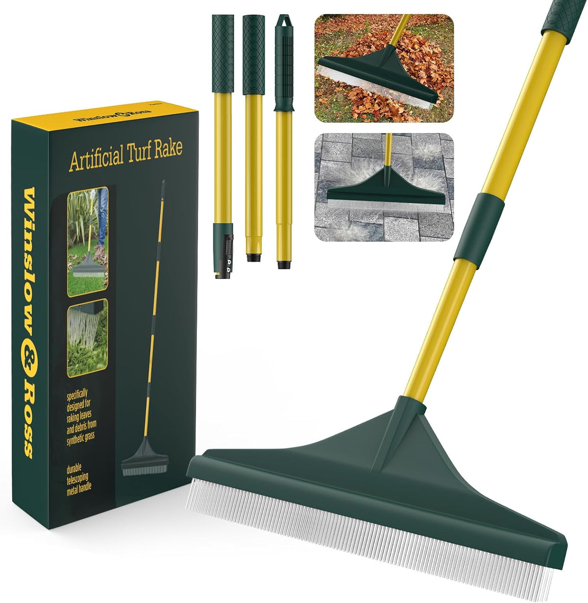 Artificial Turf Rake with Steel Telescopic Handle, 32 to 55 Inch 3 Piece-Pole Easy Storage Design