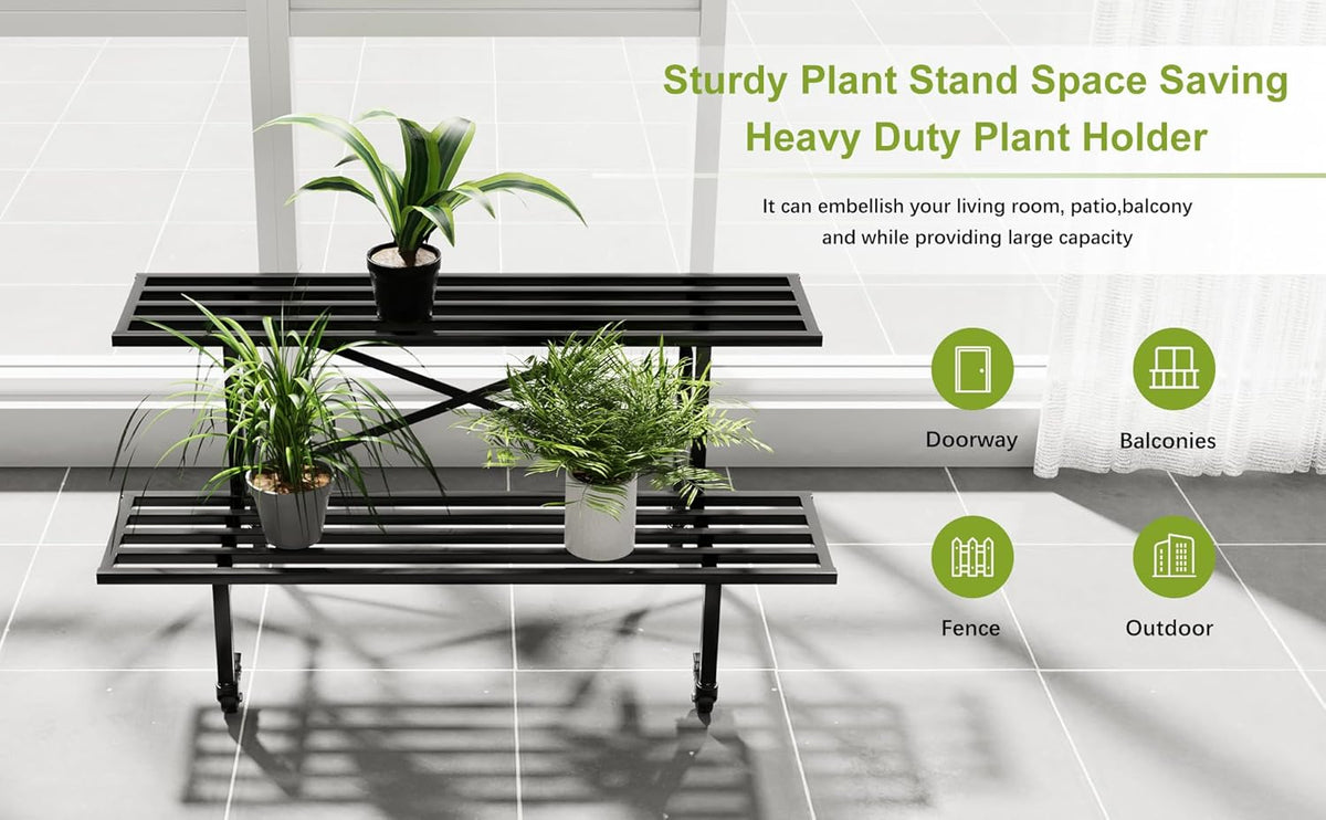 Zhongma 2 Tier Sturdy Metal Plant Stand with Wheels, L35.43 x W17.5 x H16.14 inch, Heavy Duty Plant