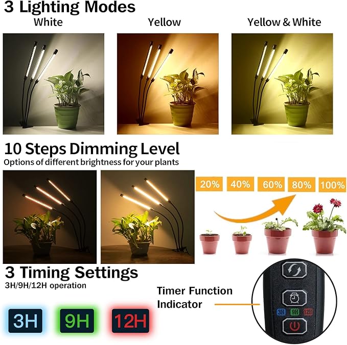 bseah Grow Light Plant Lights for Indoor Plants, Full Spectrum Led Growing Lamp with 3/9/12H Timer