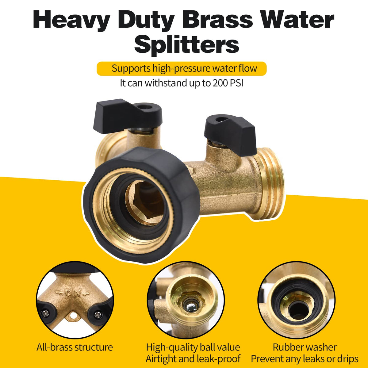 4 Pack Hose Splitter, 2 Way Heavy Duty Brass Garden Hose Splitter, for 3/4" Hose Connector, Brass