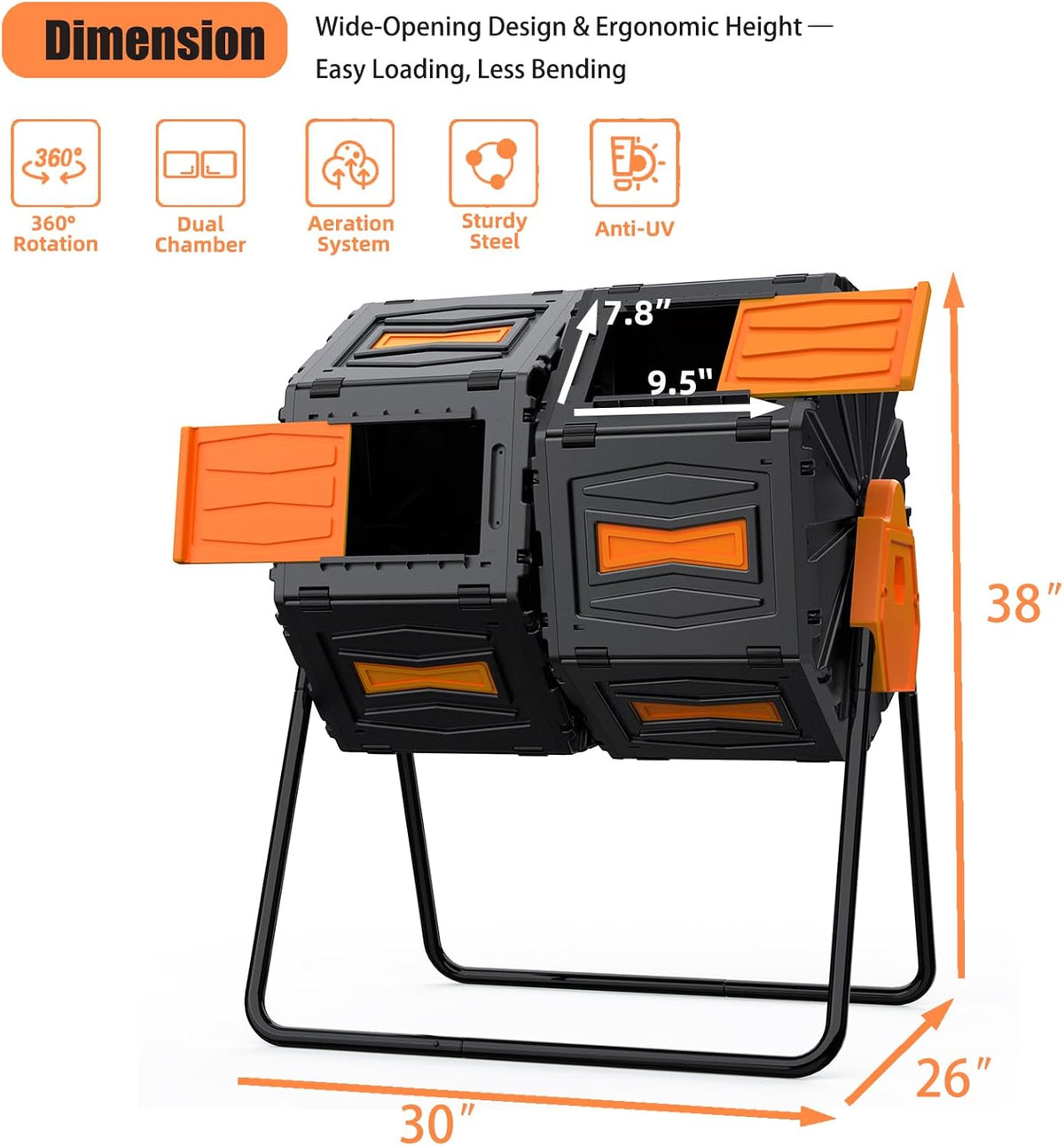 Compost Bin, 45 Gallon Dual Chamber Composter Tumbler, 360 Rotating Compost Bin Outdoor BPA-Free