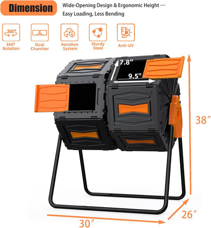 Compost Bin, 45 Gallon Dual Chamber Composter Tumbler, 360 Rotating Compost Bin Outdoor BPA-Free