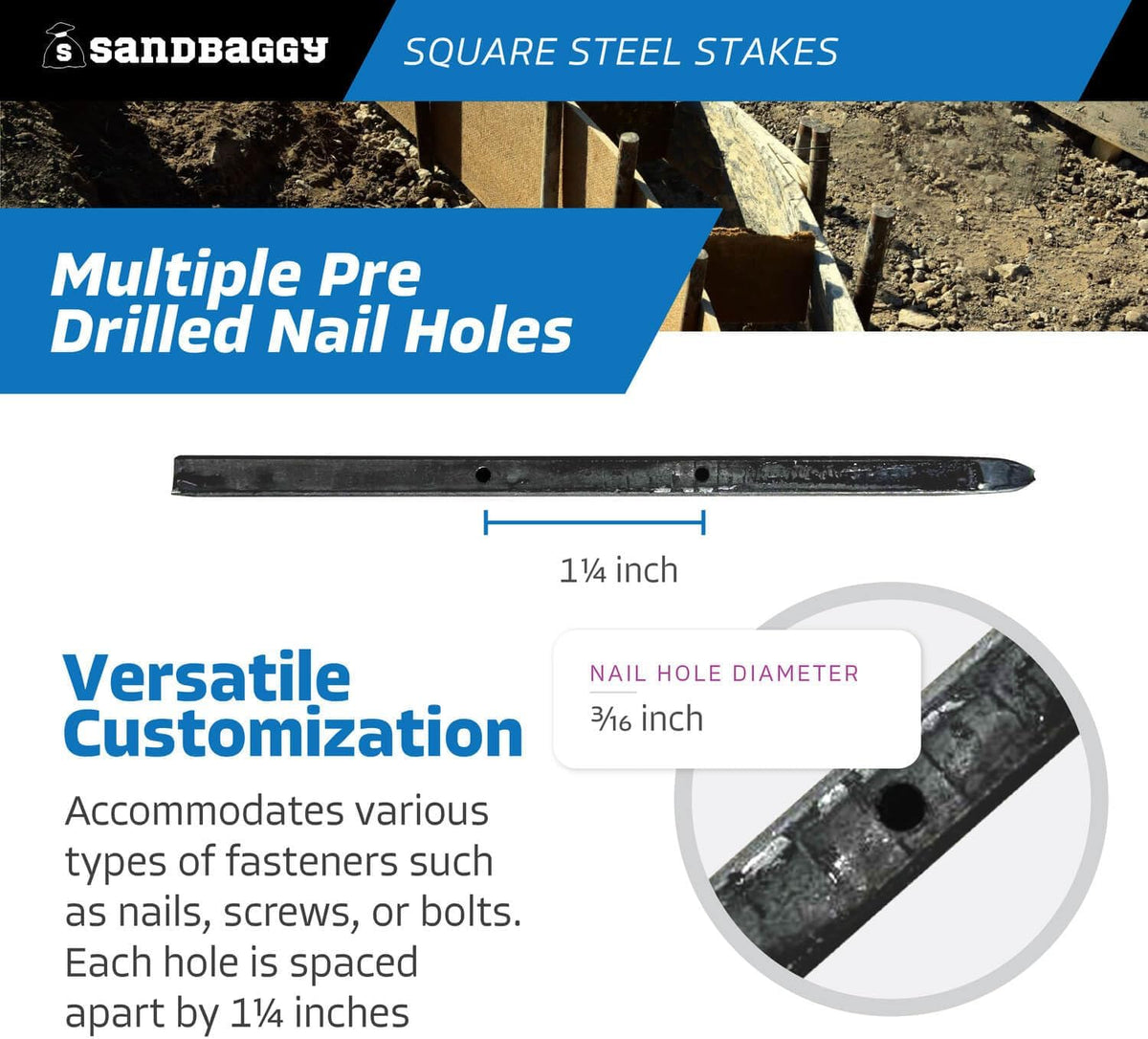 Sandbaggy Square Steel Concrete Form Stakes with Nail Holes - 5/8" Wide - Rust Resistant Coating