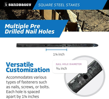Sandbaggy Square Steel Concrete Form Stakes with Nail Holes - 5/8" Wide - Rust Resistant Coating