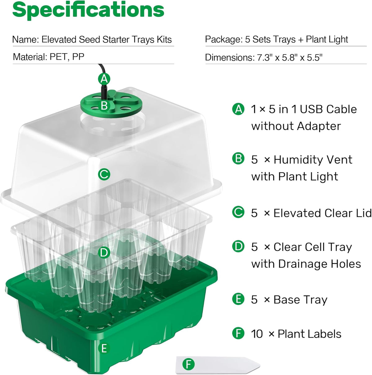 Bonviee 5 Packs Seed Starter Tray with Plant Light, Elevated Seedling Starter Trays Kits with