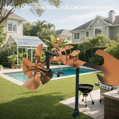 Garden Handmade Metal Rock Band Drummer Guitar Windmill, Kinetic Art Metal Sculpture Wind Spinners