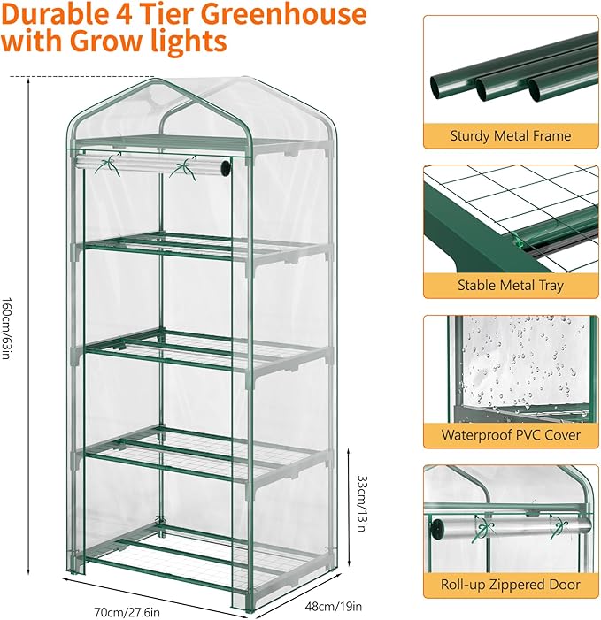 Indoor Greenhouse with Grow Light, 4-Tier Mini Greenhouse 27.6"x19"x63" Small Greenhouse with