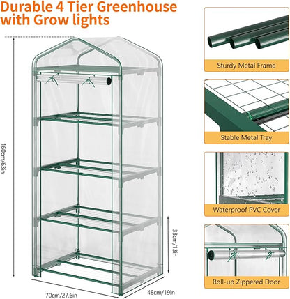 Indoor Greenhouse with Grow Light, 4-Tier Mini Greenhouse 27.6"x19"x63" Small Greenhouse with