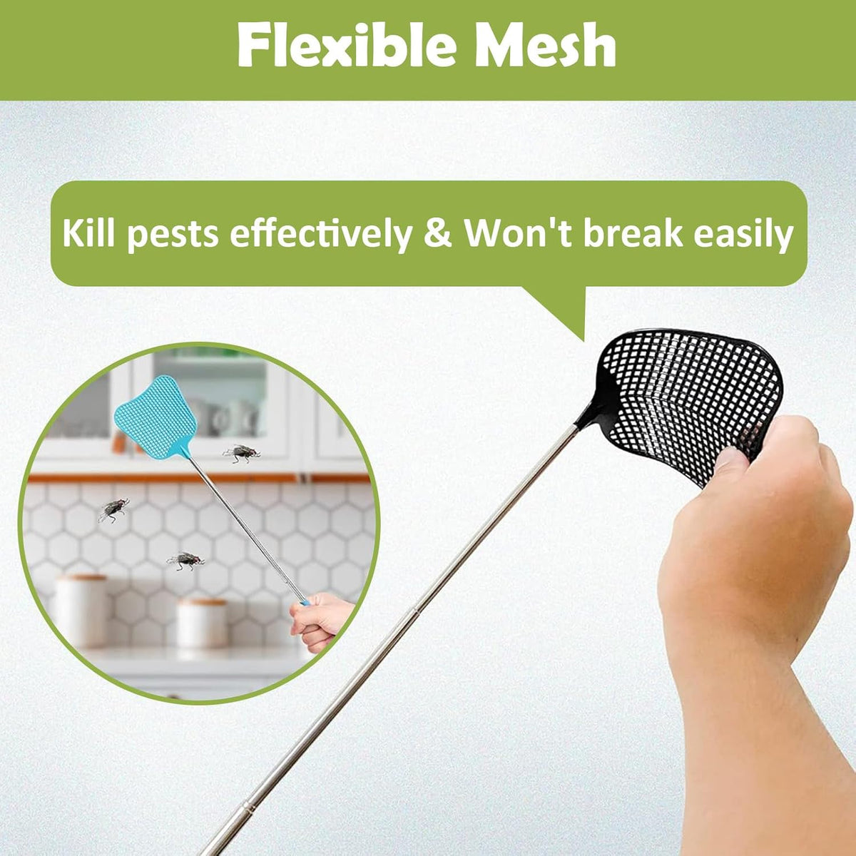 Fly Swatter Heavy Duty Set, with Durable Telescopic Stainless Steel Extendable Handles, for Home