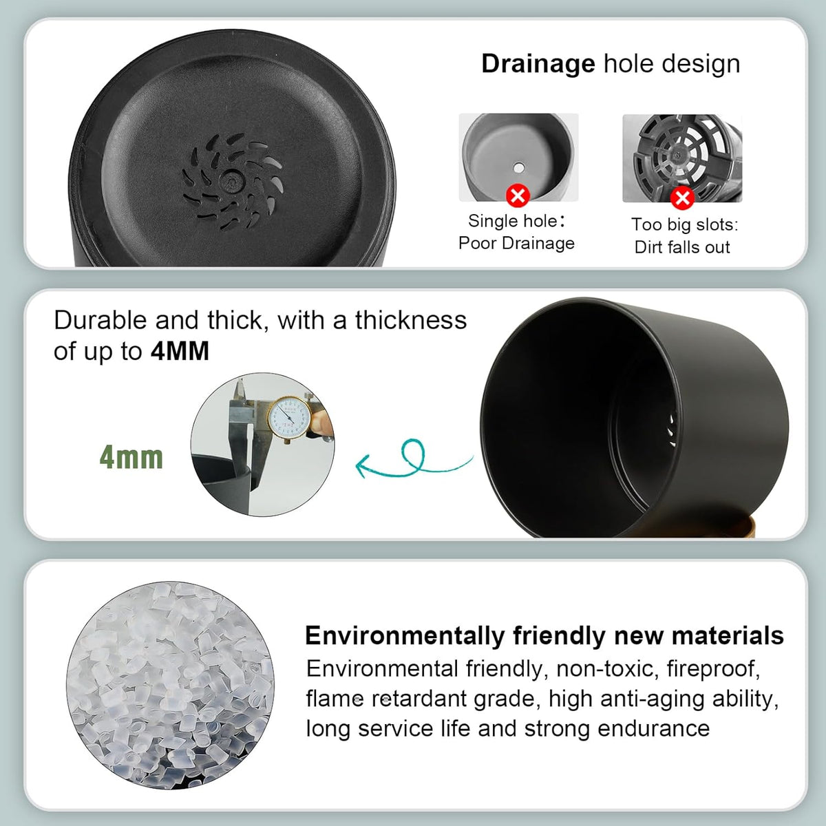 5 Pack Cylindrical Flower Pots with 7/6.5/6/5/4 inch, Modern Small Plastic Plant Pots with Drainage