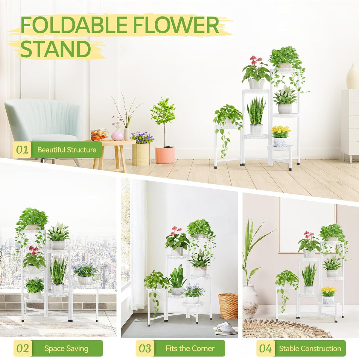 iDavosic.ly Plant Stand Indoor Outdoor, 6 Tier Corner Metal Flower Display Holder Shelf, Folding