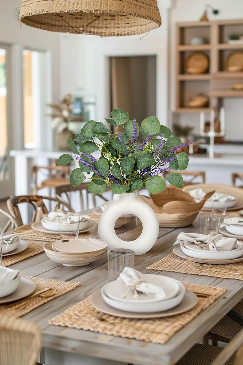 Artificial Eucalyptus Stems in Ceramic Vase 14.23" Fake Eucalyptus Plant Decor White Donut Vase