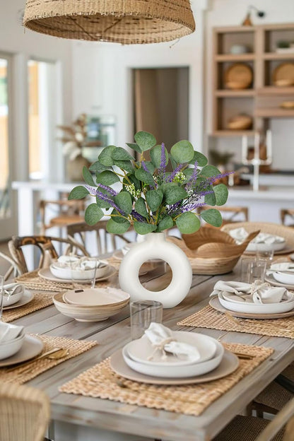 Artificial Eucalyptus Stems in Ceramic Vase 14.23" Fake Eucalyptus Plant Decor White Donut Vase