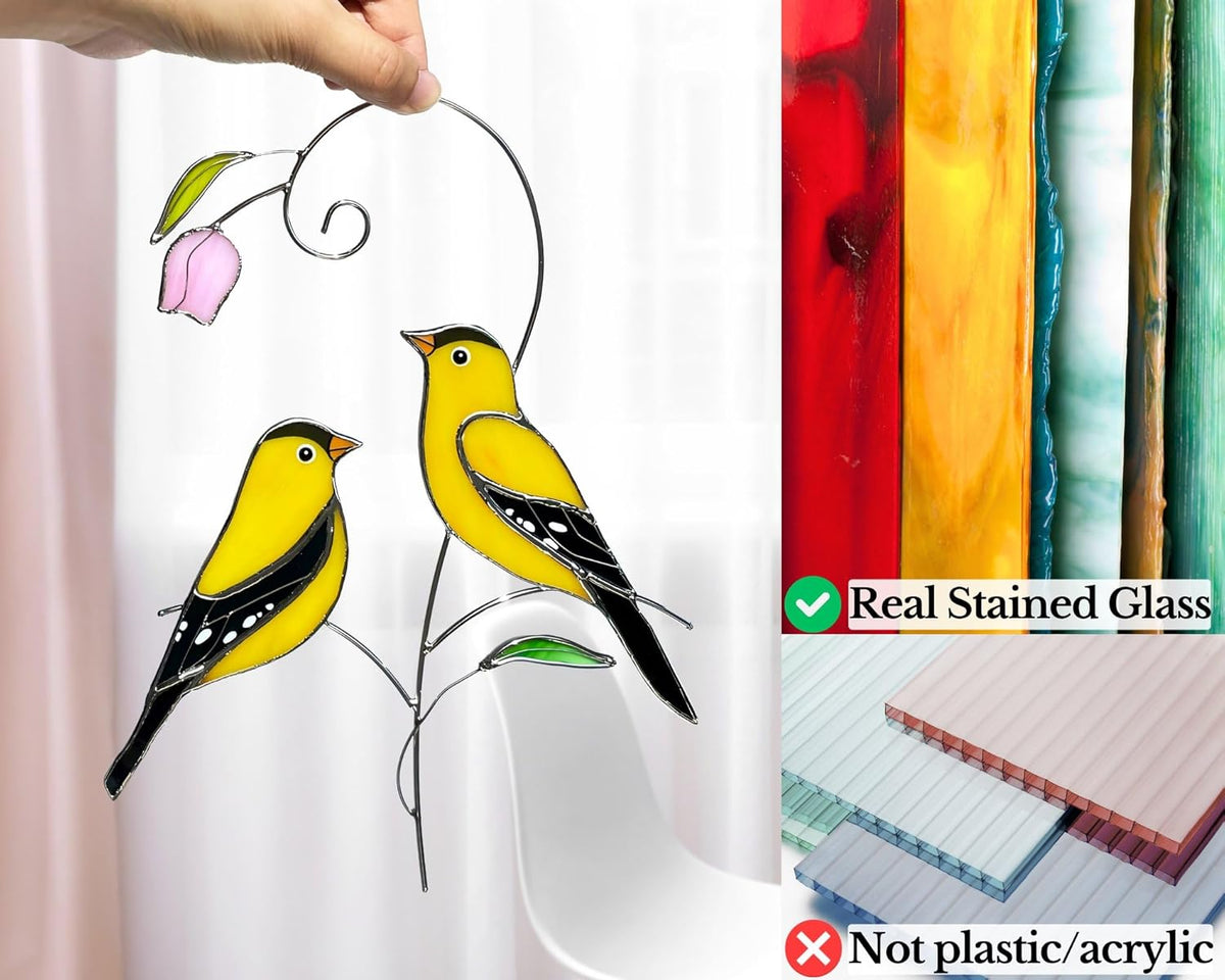 Goldfinch (1 Pair) Stained Glass Birds Suncatcher for Mom, Grandma, Women - Real Glass Window
