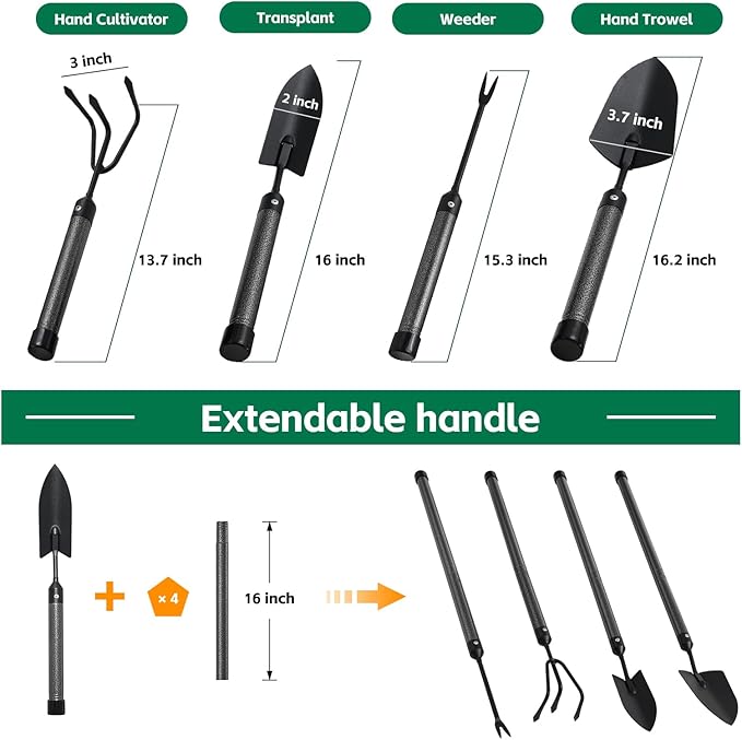 Garden Tools Set with Extension Handles, 5 Piece Thick Gardening Hand Tools, Heavy Duty Steel