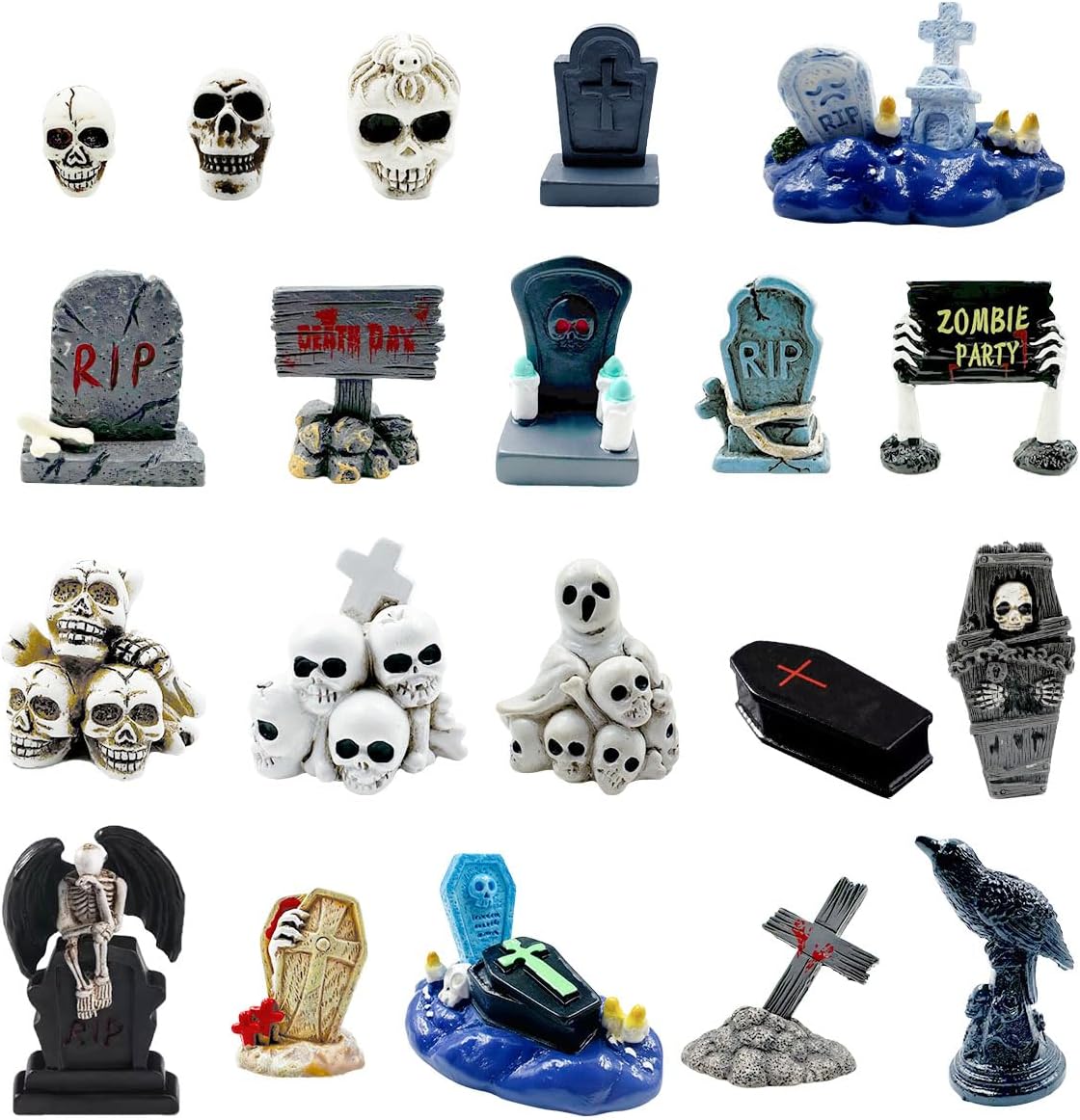 Suartus Halloween Miniature Figurines - 20 Resin Ghost Tombstones Skull Heads Scene Ornaments