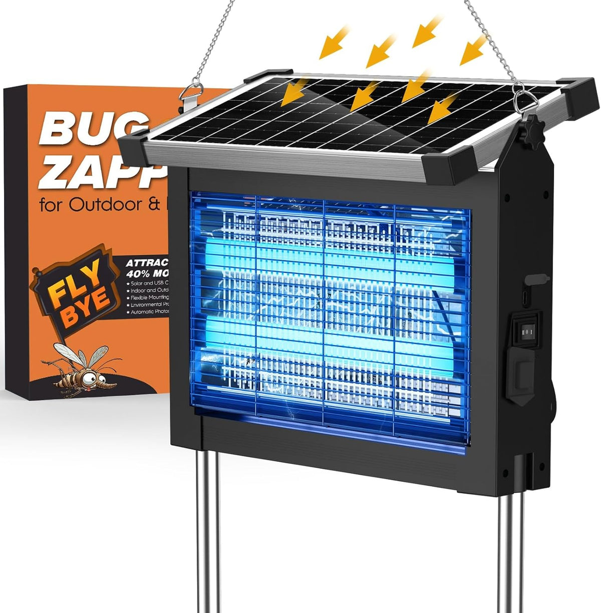 Solar Bug Zapper Outdoor, Jinyeda 4500V Rechargeable Mosquito Zapper 4000mAh Battery, Detachable