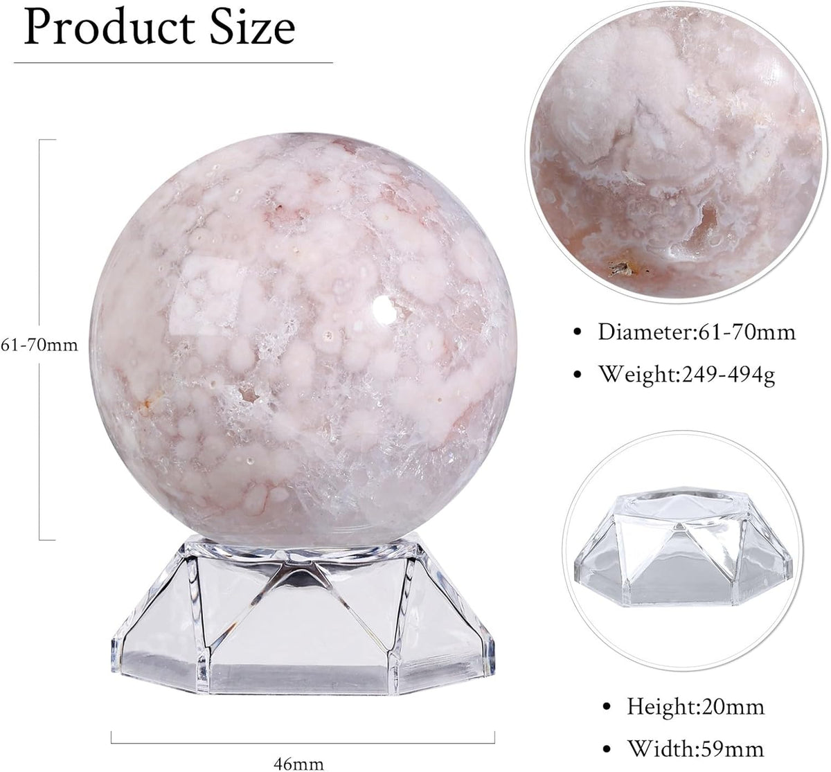 Natural Cherry Blossom Agate Crystal Ball with Acrylic Display Base, 61-70mm Polished Stone Feng