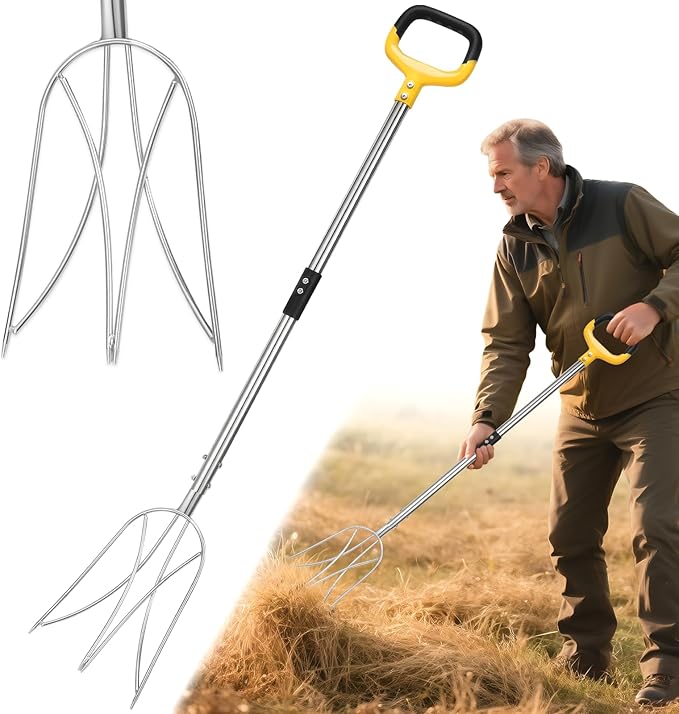 Pitchfork for Gardening, 48.5" Extendable Stainless Steel Garden Pitchfork with Handle, Suitable
