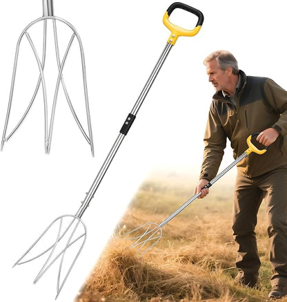 Pitchfork for Gardening, 48.5" Extendable Stainless Steel Garden Pitchfork with Handle, Suitable