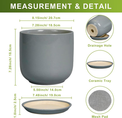 Ceramic Planter for Indoor Outdoor Plants - Cylinder Decorative 8 Inch Plant Pot with Drainage Hole