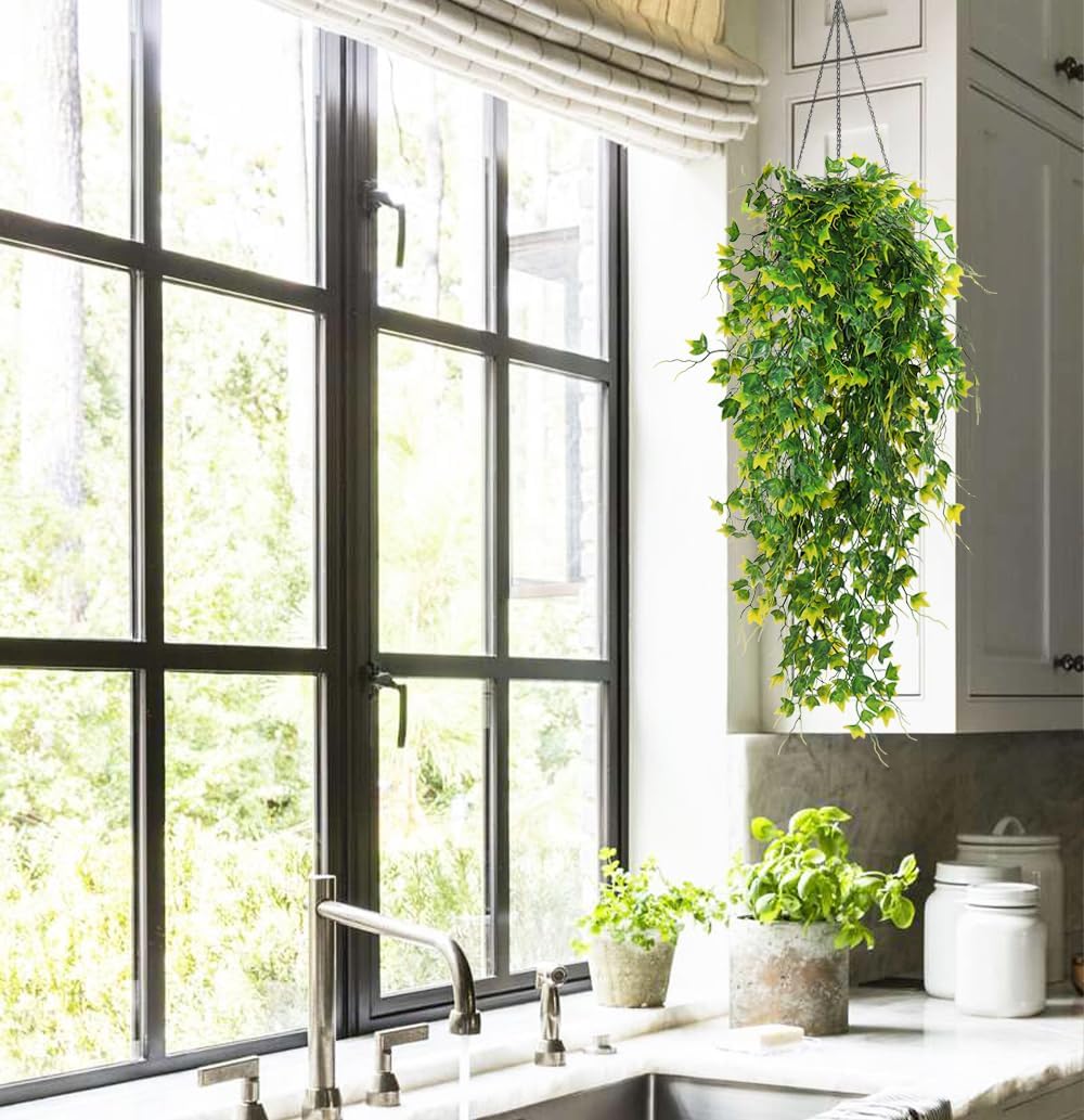 RECUTMS Artificial Plant Fake Plants Artificial Hanging Plants Faux Ivy Plant with Yellow Leaf Fake