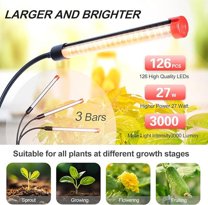 3-Head Table Top Grow Lights for Indoor Plants, Seed Starting, Bonsai with Timer, 27W Power Home