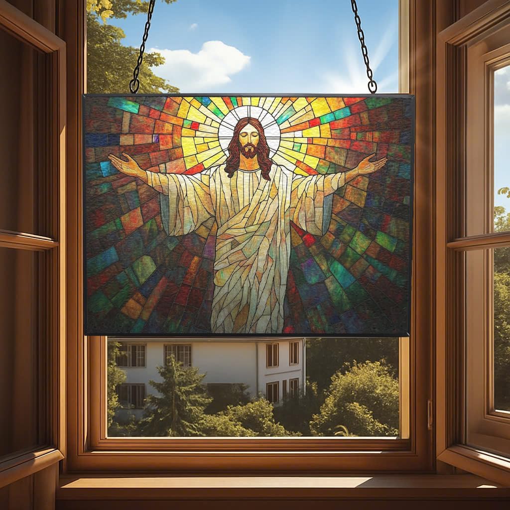 Customized Rectangle Boho Jesus Open Arms Stained Glass Suncatcher Stained Glass Window Hangings