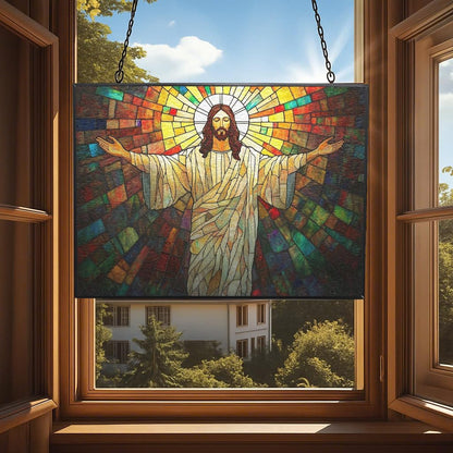Customized Rectangle Boho Jesus Open Arms Stained Glass Suncatcher Stained Glass Window Hangings