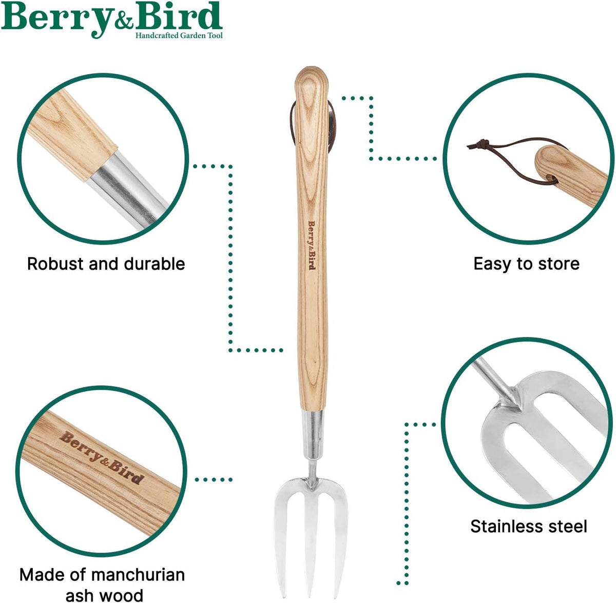 Berry&Bird Gardening Hand Fork, 22.6 Inches Long Handled Stainless Steel Weed Fork, Traditional
