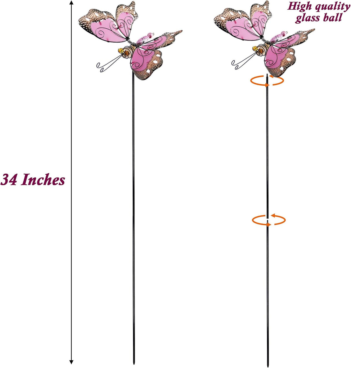 Juegoal 34 Inch Butterfly Garden Stakes Decor, Dragonfly Hummingbird Stakes, Glow in Dark Metal