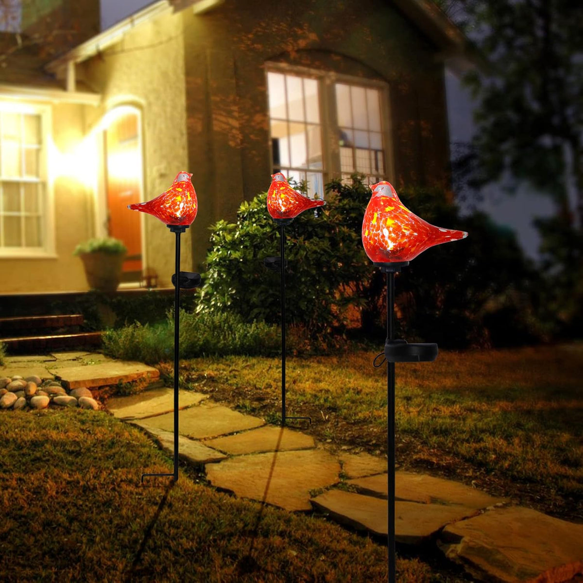 Afirst Solar Outdoor Lights - Decorative Solar Stake Lights Cardinal Handblown Glass Garden Stakes