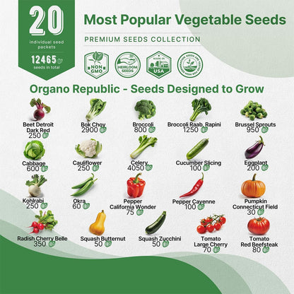 20 Vegetable Seeds Variety Pack - 12,465+ Non-GMO Heirloom Seeds for Planting Vegetables and Fruits