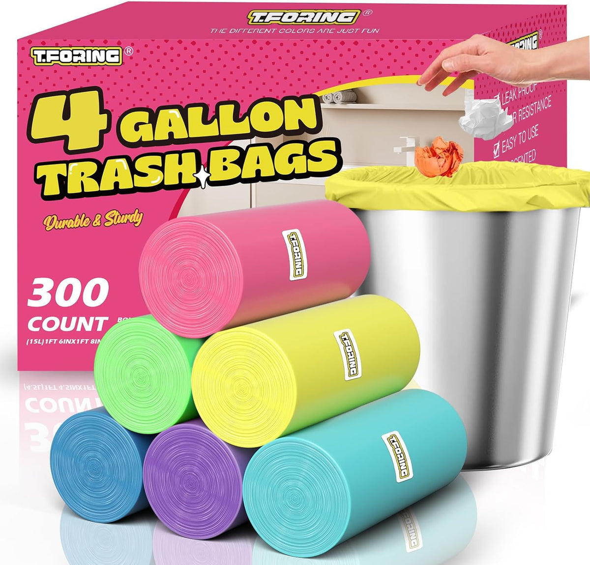 300 Count 4 Gallon Small Trash Bags - 15 Liter Colored Garbage Bags Unscented Wastebasket Liners