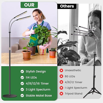 Black Floor Grow Lights for Indoor Plants, 2-Heads Full Spectrum LED Plant Grow Light with