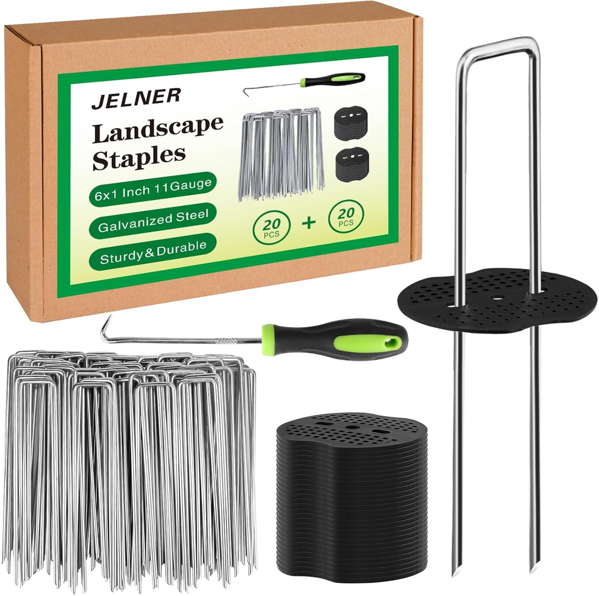 Garden Stakes,6 Inch 11 Gauge 20pcs Galvanized Landscape Staples + 20pcs Gaskets + 1Pick Hook, Tent
