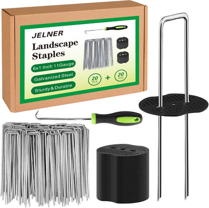 Garden Stakes,6 Inch 11 Gauge 20pcs Galvanized Landscape Staples + 20pcs Gaskets + 1Pick Hook, Tent