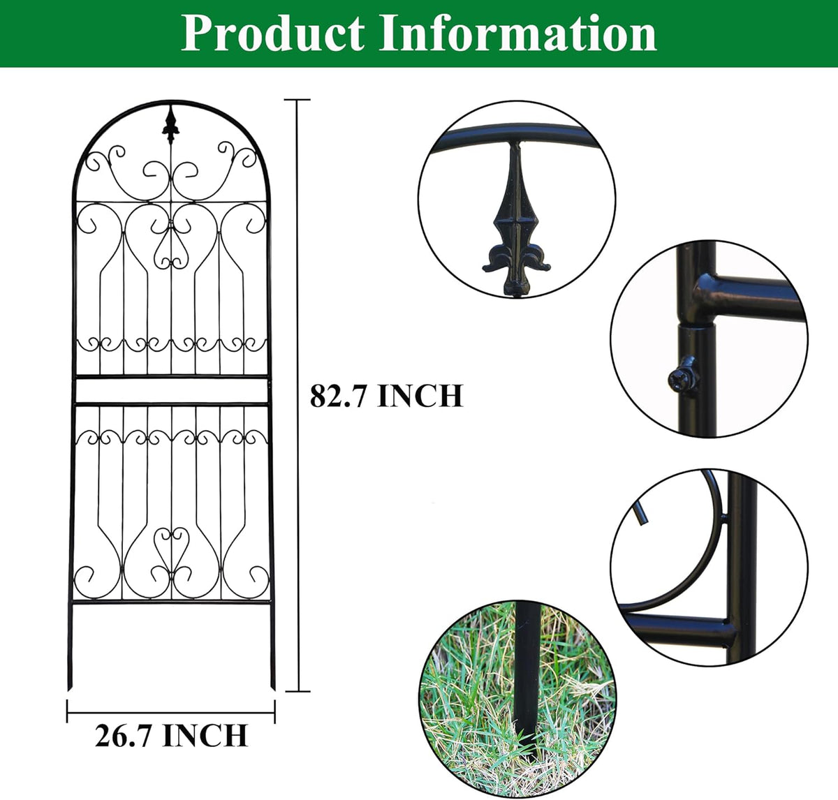 SCENDOR Metal Trellis 82.7" H x 26.7" W Tall Powder-Coated Black Garden Trellis Wrought Iron Heavy