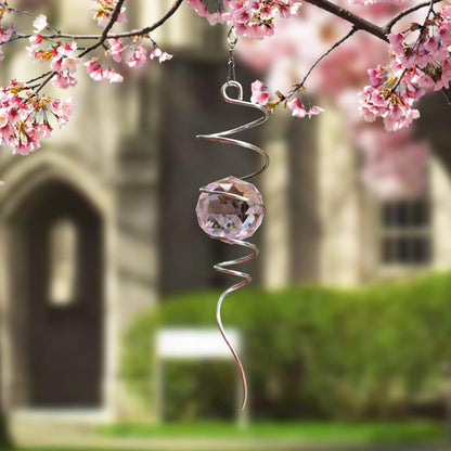 Gazing Ball Spiral Tail with Pink Crystal Orb | Sparkling Wind Spinner Stabilizer, Sun Catcher